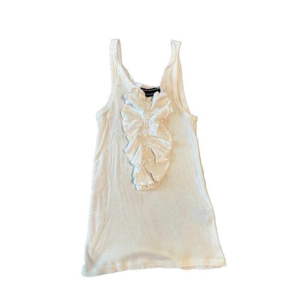 Ralph Lauren Sport Womens Ribbed White Tank Top M Ruffle Henley Y2K Preppy 2000s